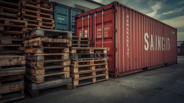 Logistics storage yard with wooden pallets and container.
