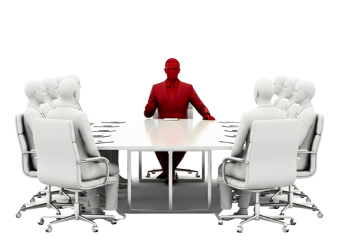 Red leader standing out from white figures around conference table isolated on transparent background - Powered by Adobe