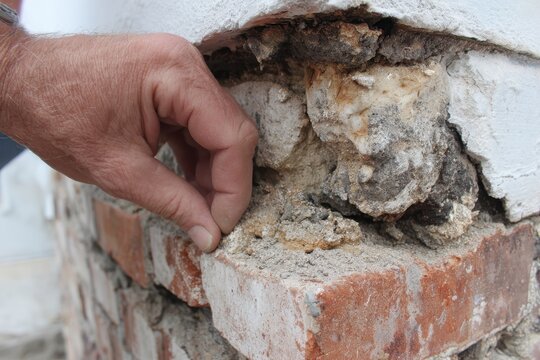 Foundation Water Damage. Master Demonstrating Deterioration Process with Falling Mortar and Saltpeter