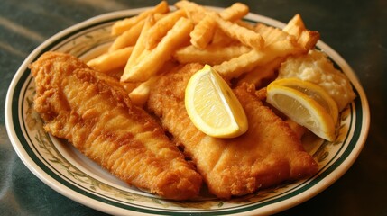 Fried Walleye Plate with French Fries: Delicious Seafood Meal with Lemon Garnish