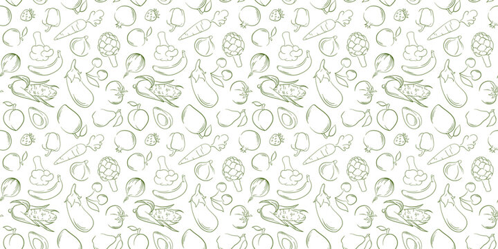 Naklejki Seamless pattern with line art style fruit and vegetable on white background. Design for healthy food package, organic farm fresh produce theme.