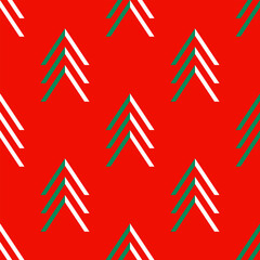 Christmas trees seamless pattern on a red background. Minimalist background for Christmas and New Year with geometric fir trees in Scandinavian style for a wallpaper, textile, wrapping paper