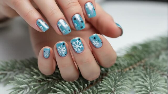woman's hand with festive christmas manicure. icy blue nail polish with snowflake art on frosted pine branch. winter holiday concept. beauty salon, greeting card.