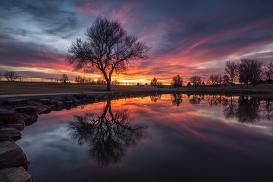 Gillette Wyoming. Sunset Reflection at Dalbey Memorial Park. Lake Water Nature Landscape