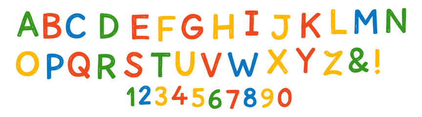 Colorful kids alphabet and numbers on transparent background