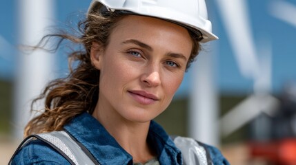 Wind energy engineer at renewable site outdoor portrait professional environment empowerment concept