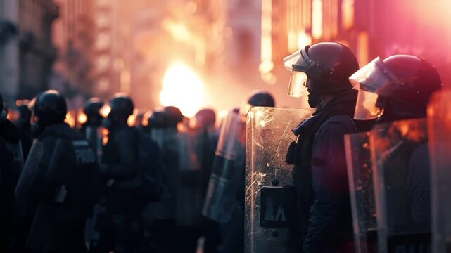 A closeup shot of a riot police officer directing traffic amidst a crowd during what appears to be a protest or demonstration. The officer is wearing a helmet with a visor and a face shield.