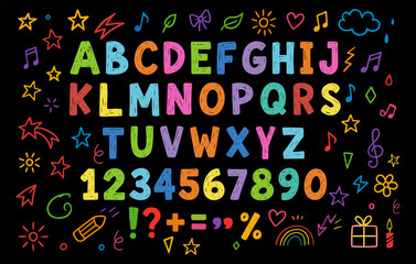 Colorful children crayon alphabet and numbers font 