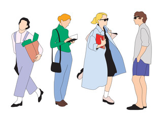 Set of 4 Diverse People – Colors and Line SVG Architectural Style Hand-Drawn Vector Illustration