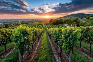 Fototapeta premium Sunset over lush green vineyard rows and distant village