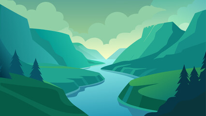 Illustration of a river flowing through mountains with trees and clouds in a green and blue color scheme