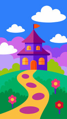 Fototapeta premium Illustration of a whimsical purple house with an orange flag on a hill under a blue sky with clouds
