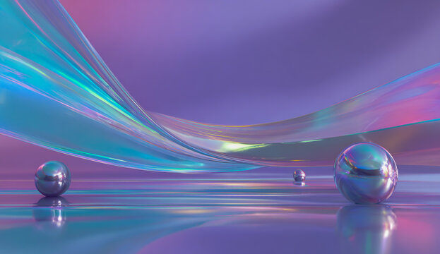 A holographic abstract background featuring floating geometric shapes and luminous lines, creating a dreamy and ethereal atmosphere.