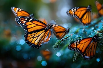 Obraz premium Monarch Butterflies Fluttering Around Green Leaves