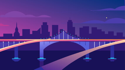 Obraz premium A bridge over water with a city skyline in the background under a purple and pink sky at night time