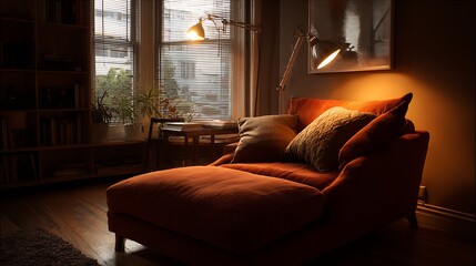 Fototapeta premium Modern living room with beautifull bedroom and couch with unique curtains and candles and lamp 
