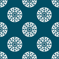 Seamless pattern with geometric snowflakes on a blue background. Background for Christmas and New Year with round white snowflakes for a wallpaper, textile print, wrapping paper etc.