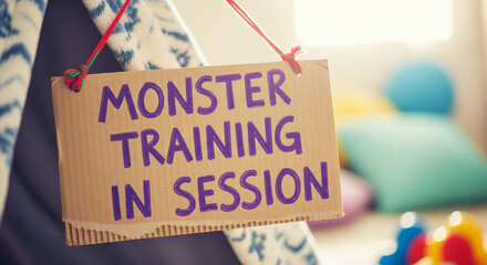 Handmade cardboard sign "Monster Training in Session" hanging on a kids play tent in a sunny room