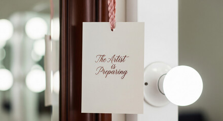 Elegant sign "The Artist is Preparing" hanging on a backstage dressing room mirror with vanity lights