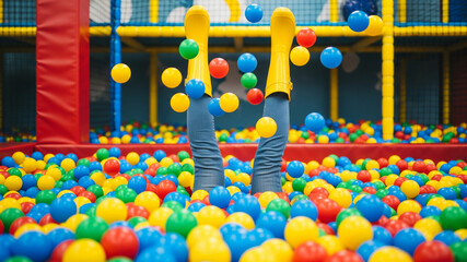 Playful person in yellow boots upside down in a colorful ball pit at a playground