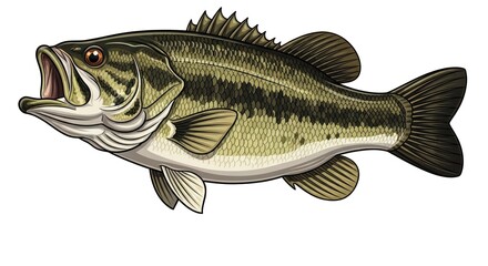 Illustration of a largemouth bass fish with its mouth open, showcasing its distinctive markings and fins.