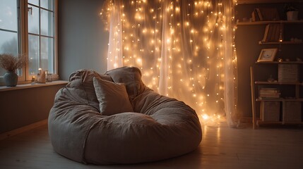 Modern living room with beautifull arm chair and glass window with light's 