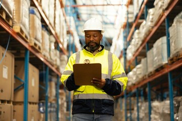 Checklist, shipping and man with stock in warehouse reading for ecommerce delivery information....