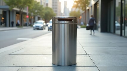 Modern Stainless Steel Trash Can on a City Sidewalk.