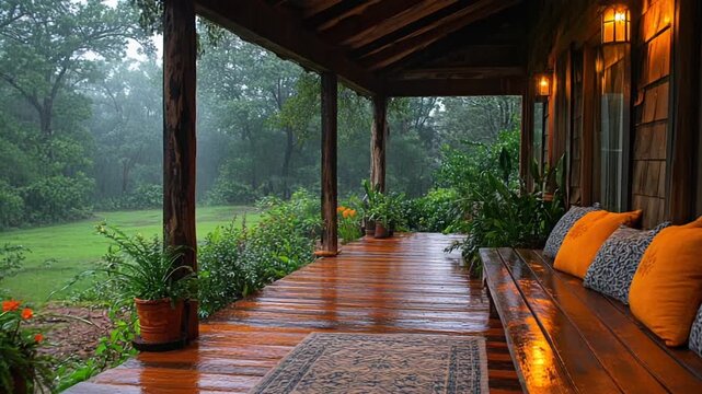 Cozy Wooden Porch on a Rainy Day Overlooking a Lush Green Forest.