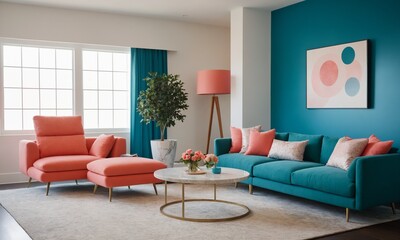 Fototapeta premium Imagine Vibrant Living Room Design with Stylish Teal Sofa and Coral Accents - Perfect for Inspiring Modern Home Interiors and Cozy Relaxation Spaces