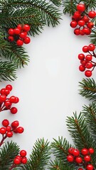 Christmas frame with fir branches and red berries