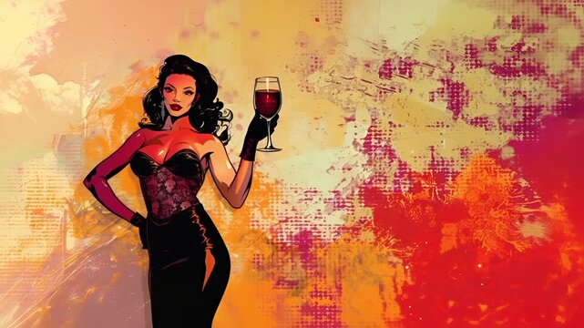 A vivid illustration of a woman in a black dress, holding a glass of red wine. The womans pose is confident and poised, with her gaze directed forward.