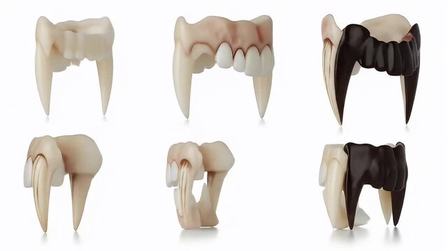 Collection of vampire teeth fangs arranged in a grid on a white background