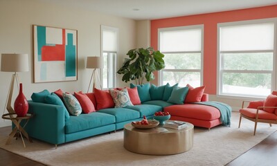 Fototapeta premium Vibrant teal sectional sofa with coral accents creates a modern, inviting living space perfect for relaxation and entertaining.