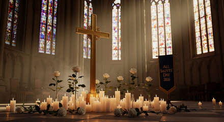 All saints' day celebration in church with candles, cross