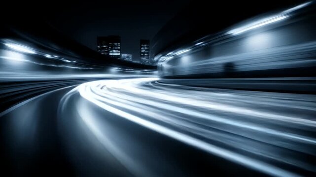 Futuristic city highway with glowing light trails