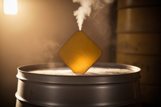 Warnsymbol auf einem dampfenden Industriefass - Powered by Adobe