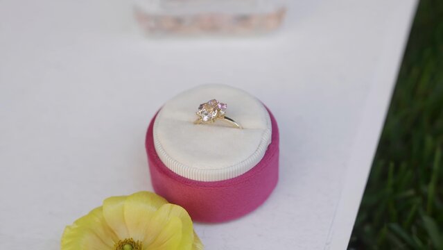 An Elegant Ring beautifully presented in a Pink Velvet Box adorned with lovely Flower Accents. Action - Powered by Adobe