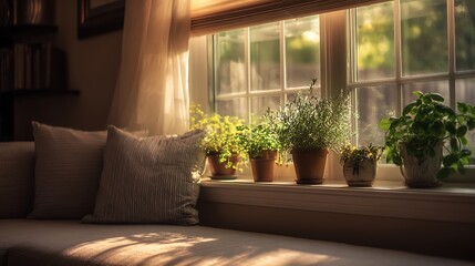 Modern luxury living room with beautifull beautiful glass window and flower pot and sofa with couch 