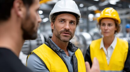 Safety meeting among construction workers industrial site team discussion workshop environment close-up view workplace collaboration