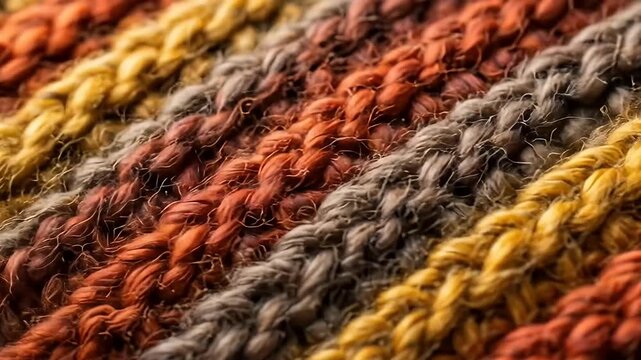 Close-up on knitted fabric with horizontal, multicolored, textured stripes
