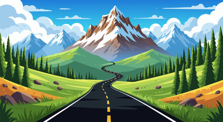 Picturesque winding road through vibrant green valleys towards majestic snow-capped mountains under a clear blue sky © PDWN Creative