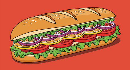 Vibrant illustration of a long submarine sandwich, packed with fresh lettuce, ripe tomatoes, and tangy red onions on a golden sesame bun