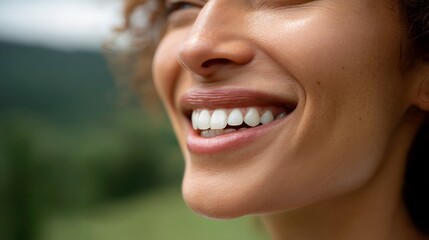 Joyful smiling woman outdoors nature setting portrait soft focus happiness concept