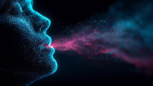 human face made of glowing blue and pink particles, symbolizing data, identity, and digital transformation.