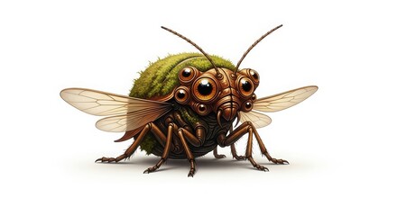 Detailed macro photograph of a multi-eyed insect creature with translucent wings