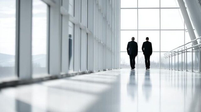 Two businessmen walking through a modern corridor with large windows in office building.