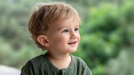 Joyful toddler smiling outdoors in nature candid photography lush green background childhood wonder