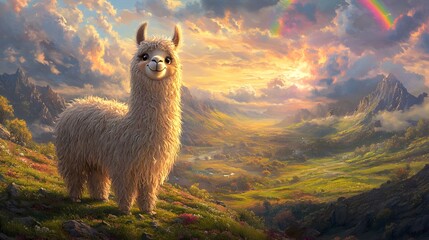 Fototapeta premium Smiling llama stands on a hillside with a rainbow and mountain landscape