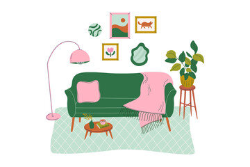 Cozy living room interior with modern sofa, floor lamp, plant, side table and home decor. Modern furniture and decoration. Hand drawn flat design vector illustration.